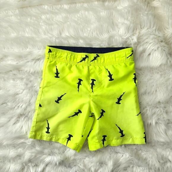 OP KIDS SWIM SUIT LINED WITH ELASTIC WAIST NEON GREEN BLUE SHARKS SIZE XS - Picture 1 of 3